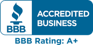 BBB Accredited Business badge with A+ rating in blue and white