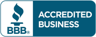 BBB Accredited Business logo in blue and white with the BBB torch icon