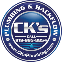 CK’s Plumbing & Backflow circular blue logo with phone number 919-995-8854 and website CKsPlumbing.com