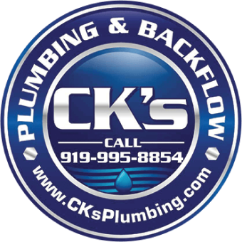CK’s Plumbing & Backflow circular blue logo with phone number 919-995-8854 and website CKsPlumbing.com