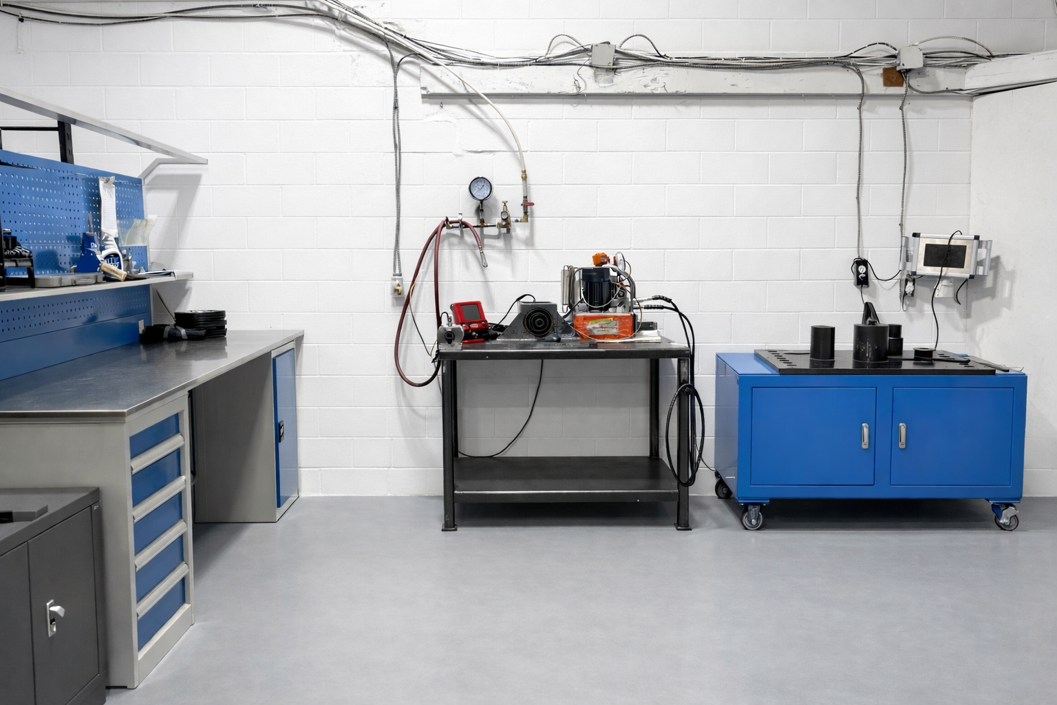 Un atelier équipé de matériel industriel sur des établis métalliques, comprenant une unité de contrôle, des tuyauteries et des armoires de rangement bleues.