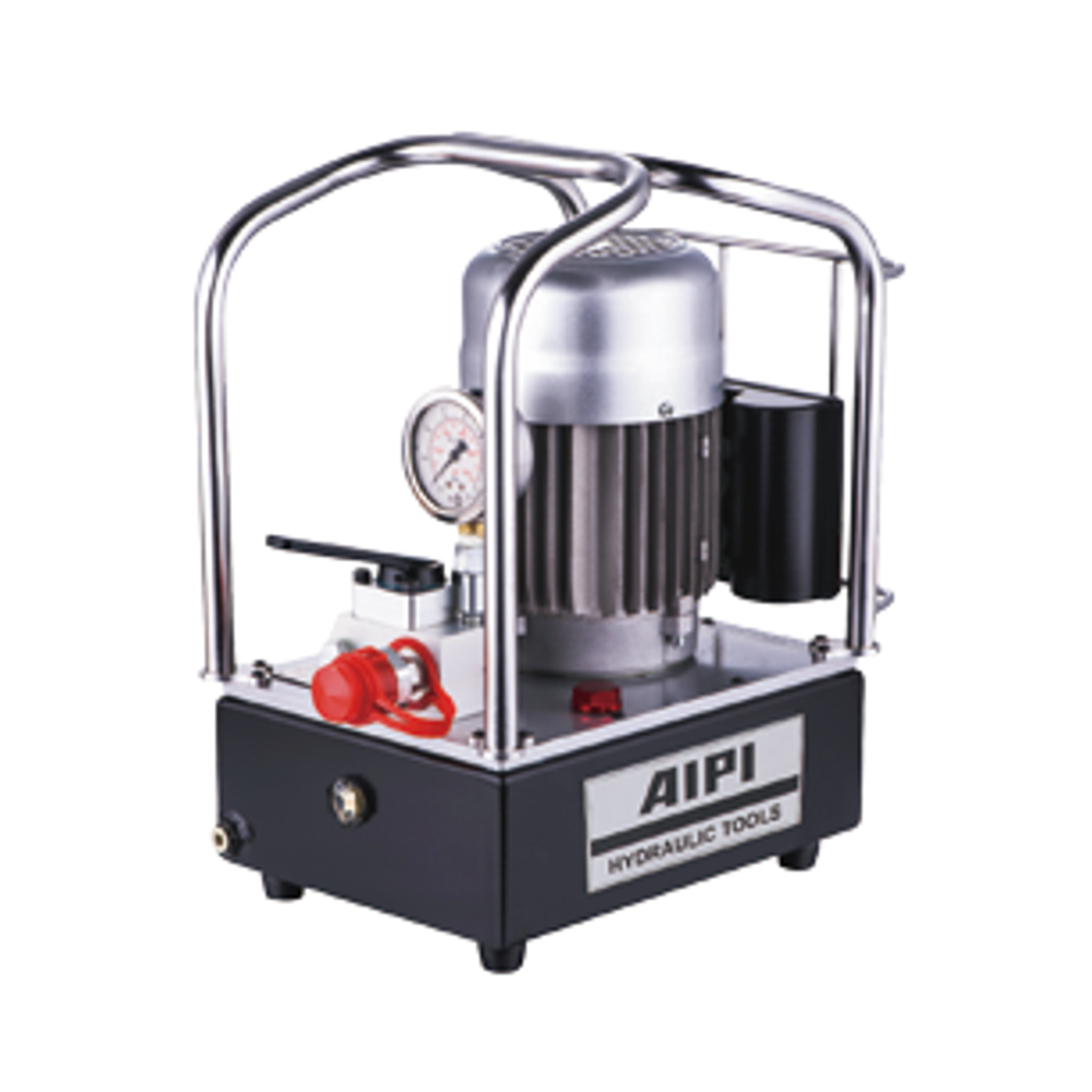 Pompe hydraulique électrique AIPI avec réservoir noir, moteur argenté, manomètre et cadre de poignée métallique de protection.