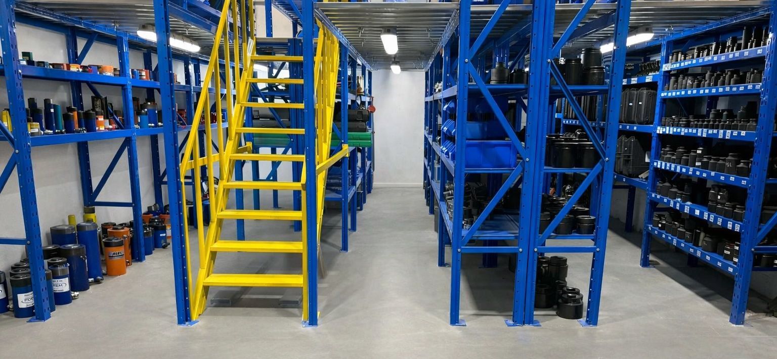 Warehouse interior with blue shelving units, yellow staircase, and various items stored on the shelves.