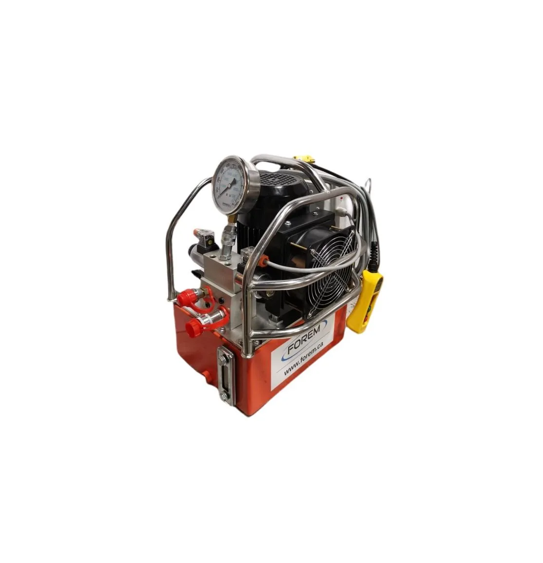 Groupe hydraulique orange et métallique avec manomètre et cage de protection.