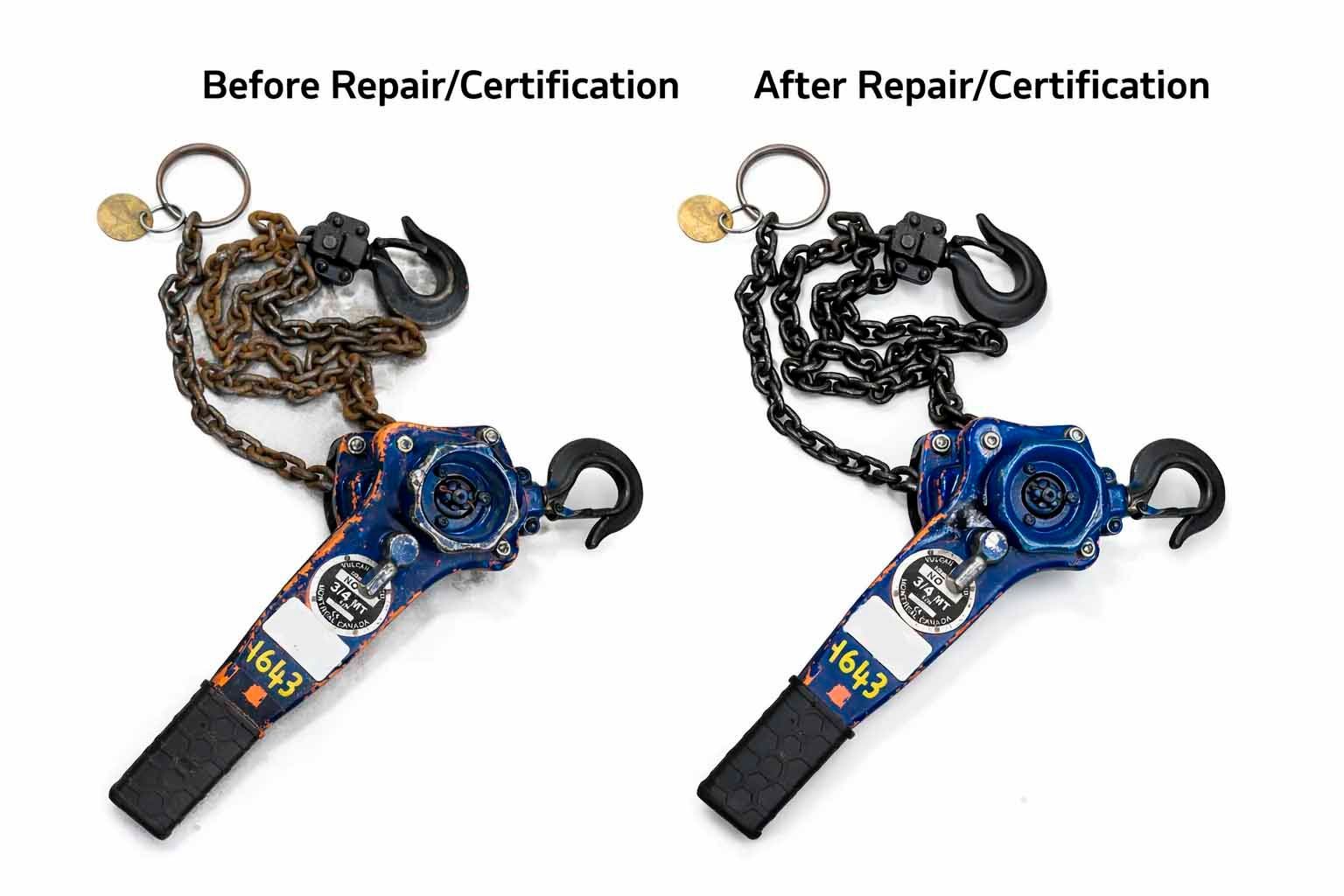 Comparaison d'un palan à chaîne usé et remis à neuf. L'état initial est représenté en marron, l'état final en noir et bleu.