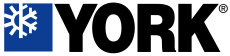 York logo: black text on white background, blue square with snowflake icon.