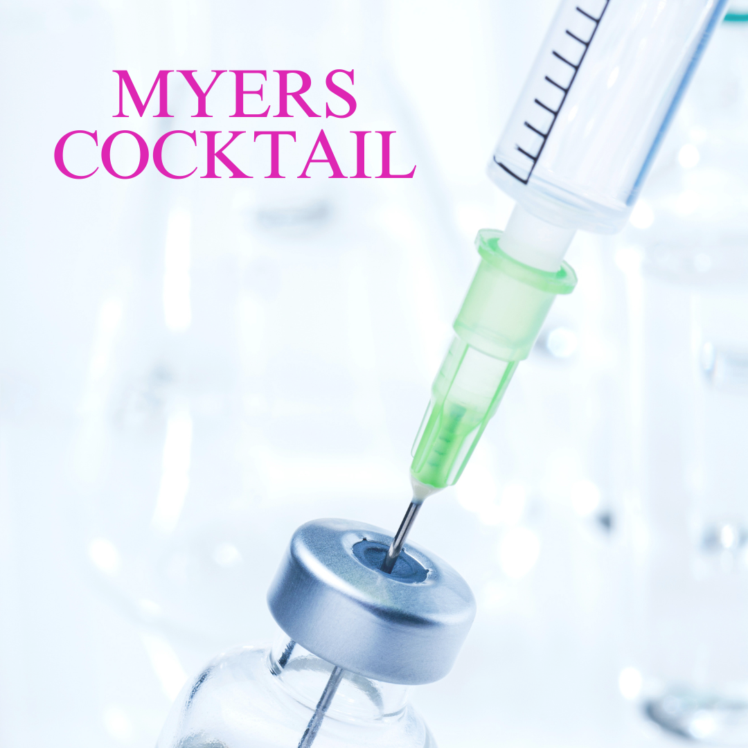 A syringe is being inserted into a bottle that says myers cocktail