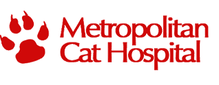 The logo for metropolitan cat hospital has a paw print on it.