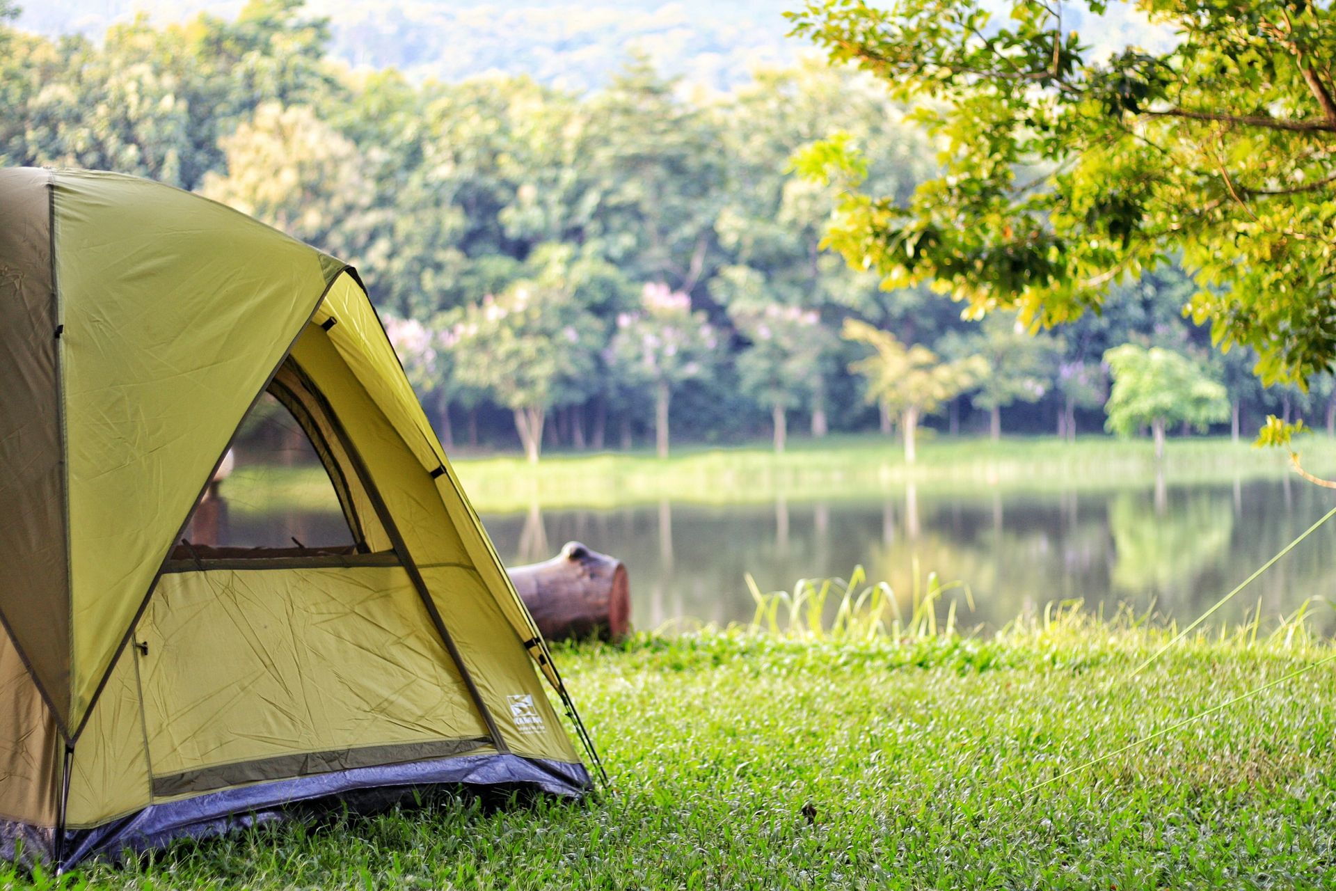 A tent is sitting in the grass next to a lake.