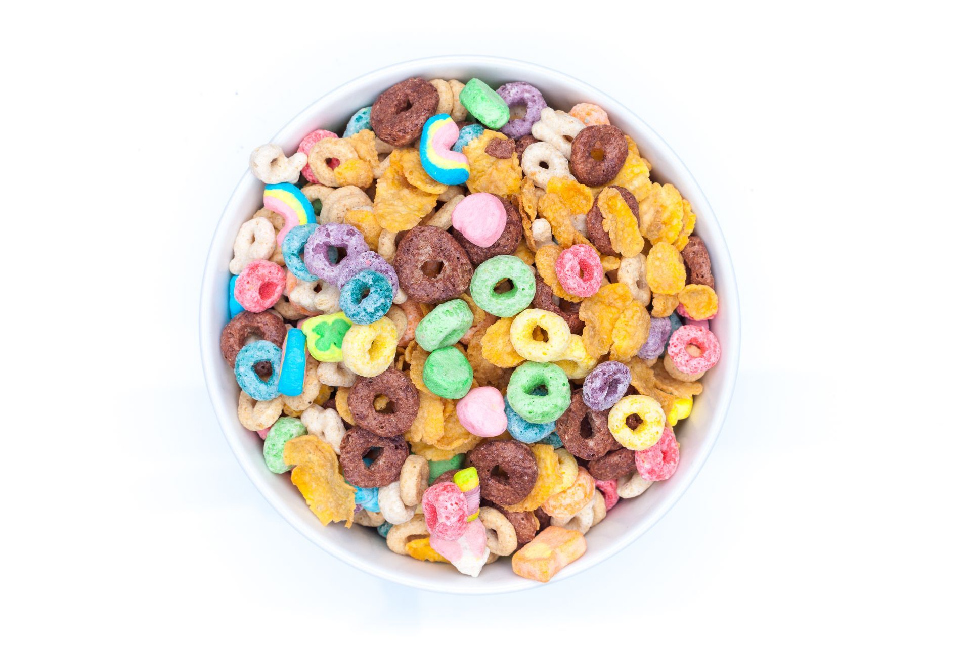 Bowl of colorful cereal with marshmallows and ring-shaped pieces.