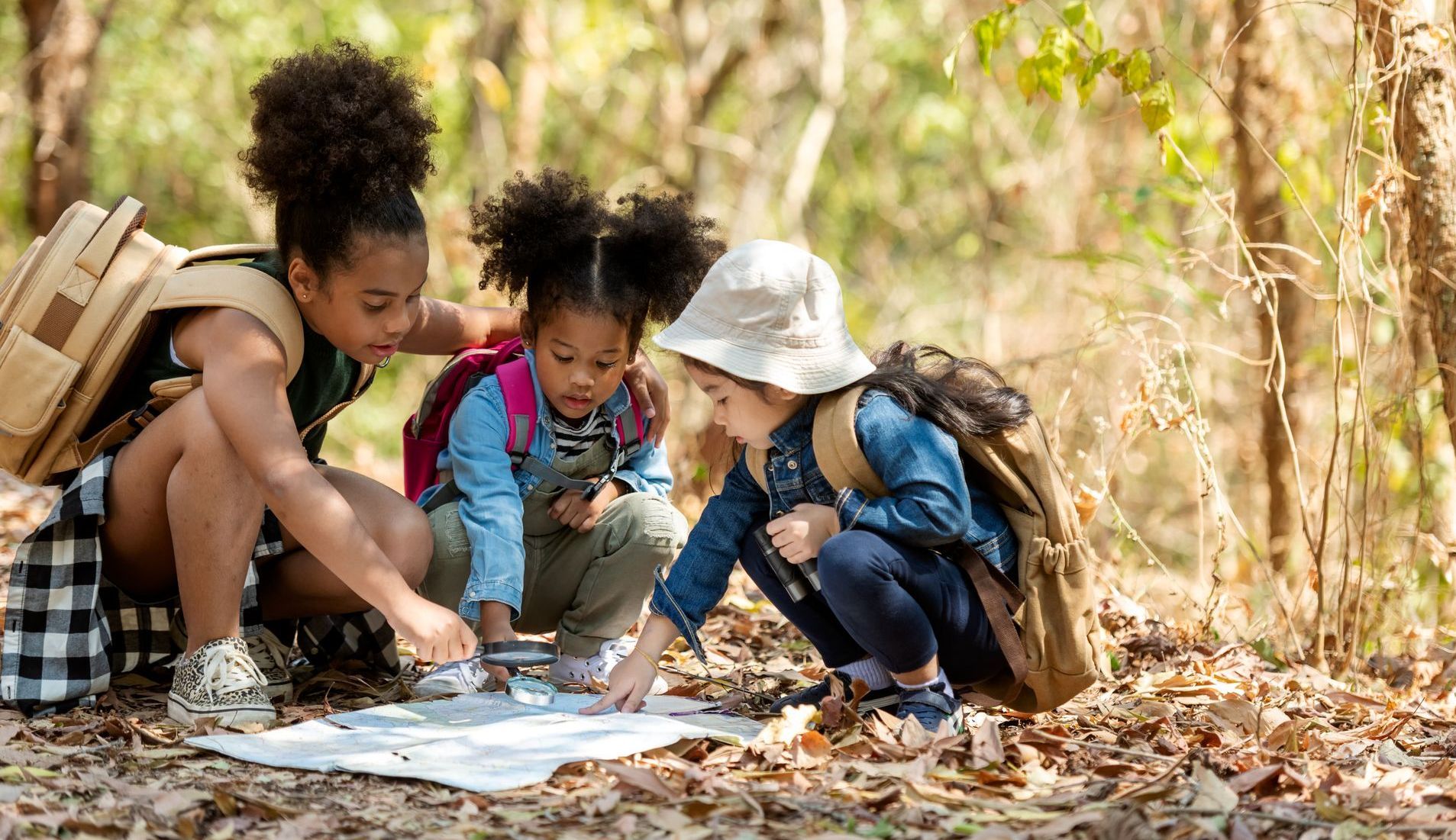 A group of children are looking at a map in the woods.