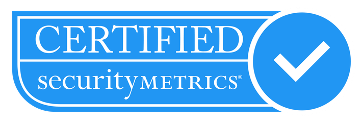 A blue certified security metrics logo with a check mark