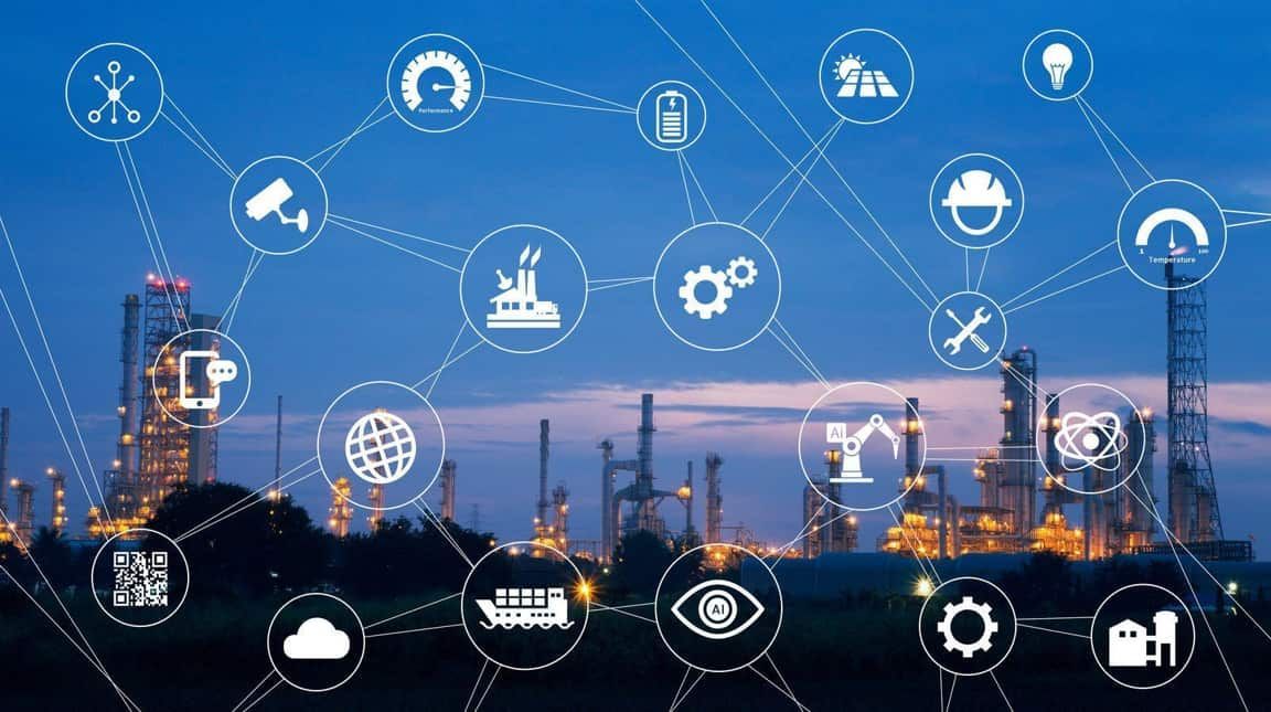 Industrial plant overlaid with interconnected icons representing data and technology.