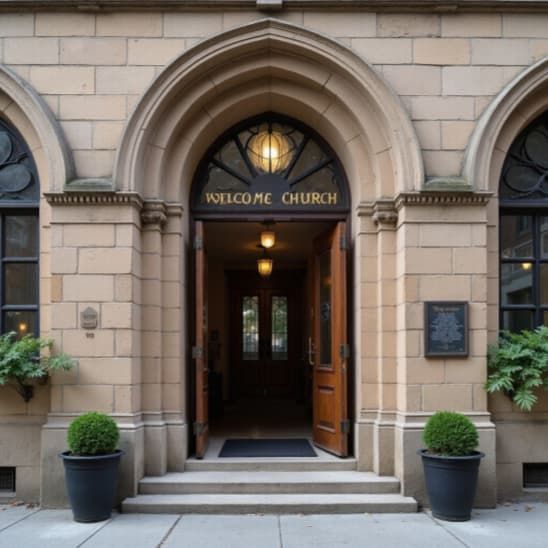 Church entrance with arched doorway and open wooden doors. 