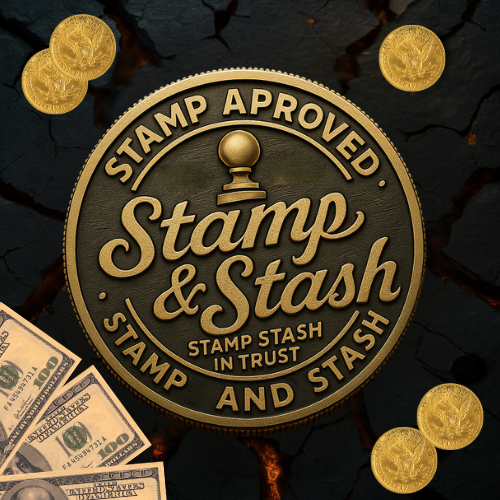 Circular logo with “STAMP APPROVED” and “Stamp & Stash” text, surrounded by gold coins and money.