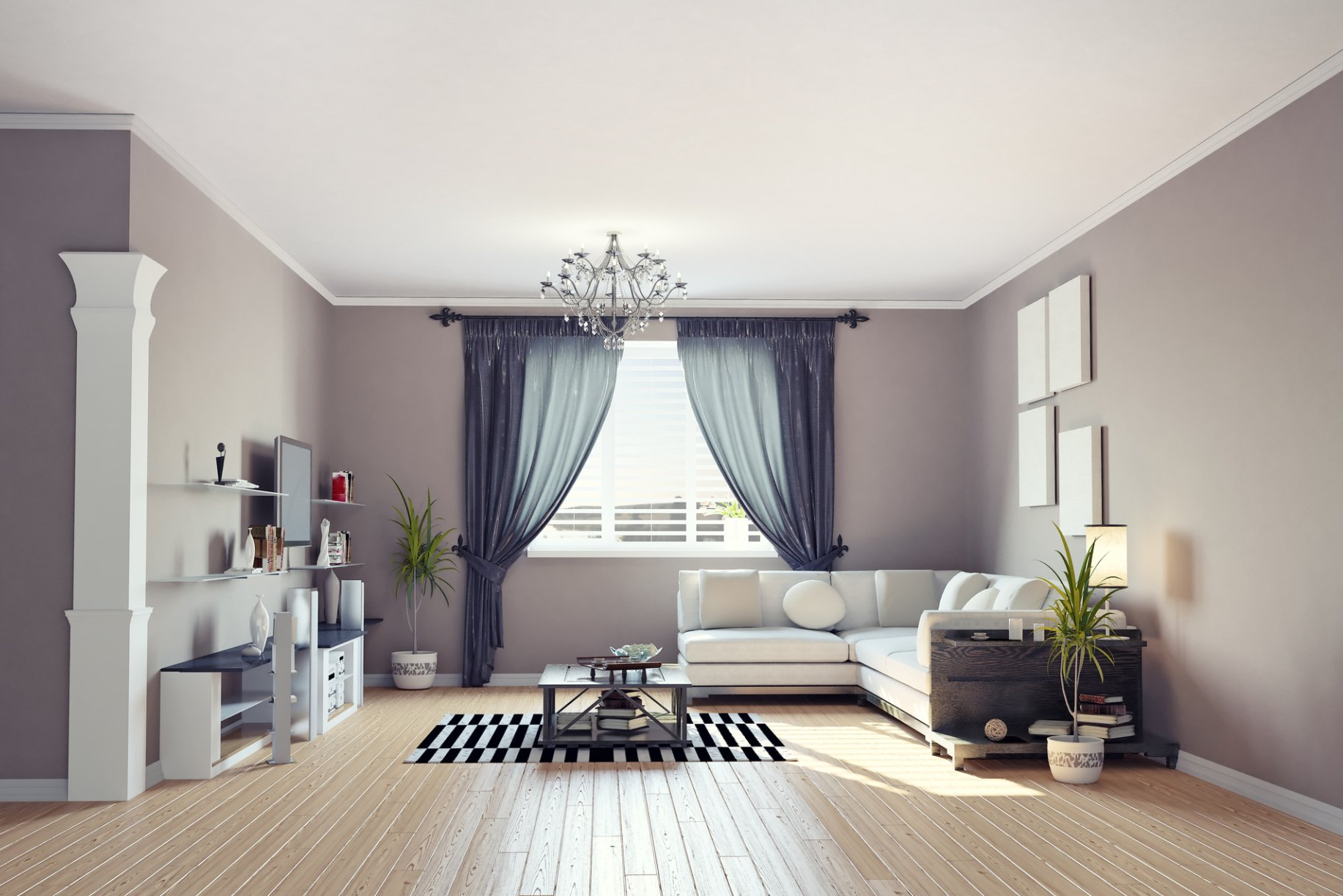 Purple toned lounge with timber floor and white couch and shelving. Striped run on floor under coffee table, backed by semi opaque curtains tied back to reveal open plantation shutters.