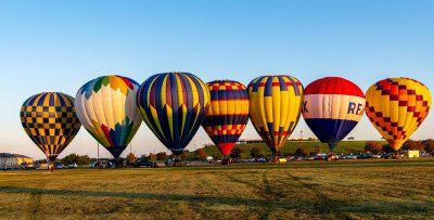 Seven colorful hot air balloons on a grassy field at sunrise.