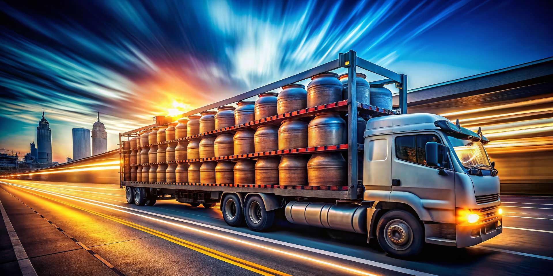 Long exposure capture of LPG gas cylinders being transported in a truck at night. 
