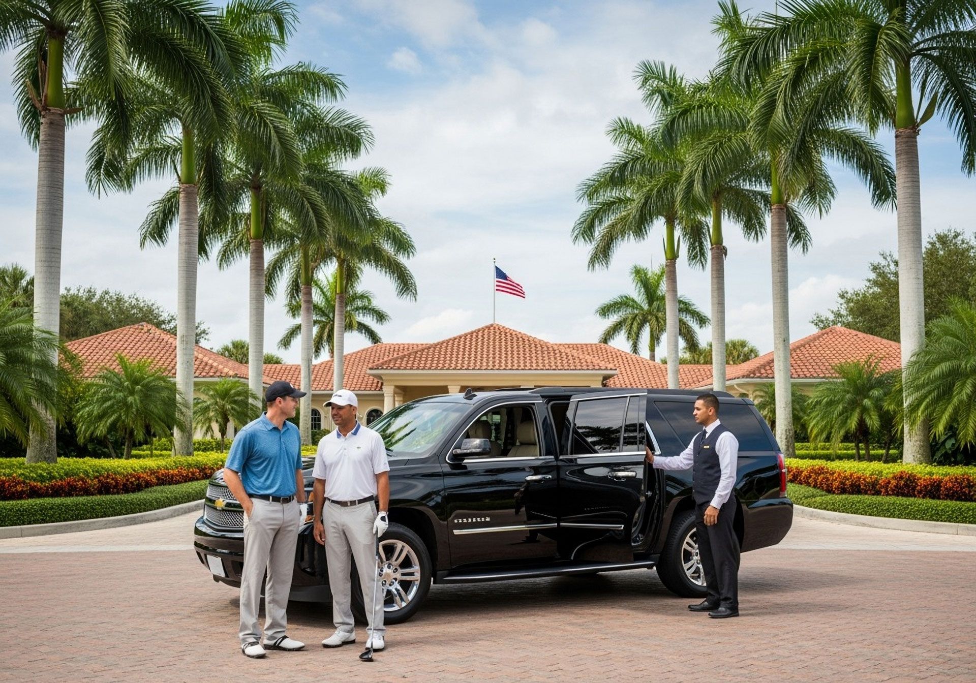 Two men in golf attire stand by a black SUV while a chauffeur holds the door open in front of a tropical resort clubhouse.