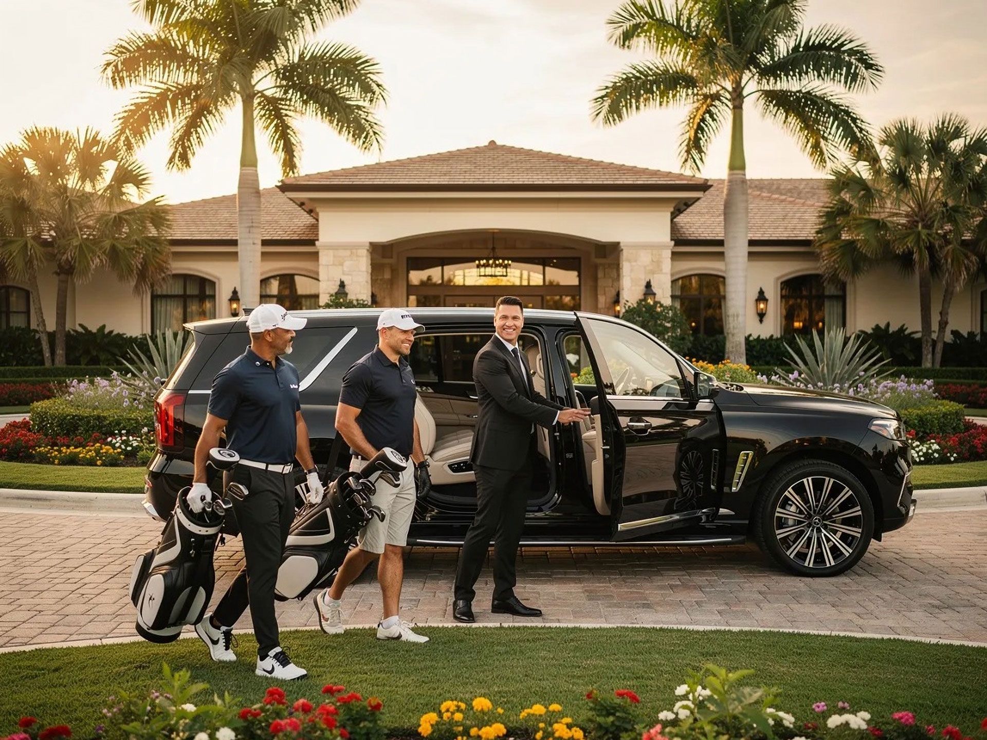 Two people with golf bags arrive by a luxury SUV, where a driver in a suit holds the door open at a resort entrance.