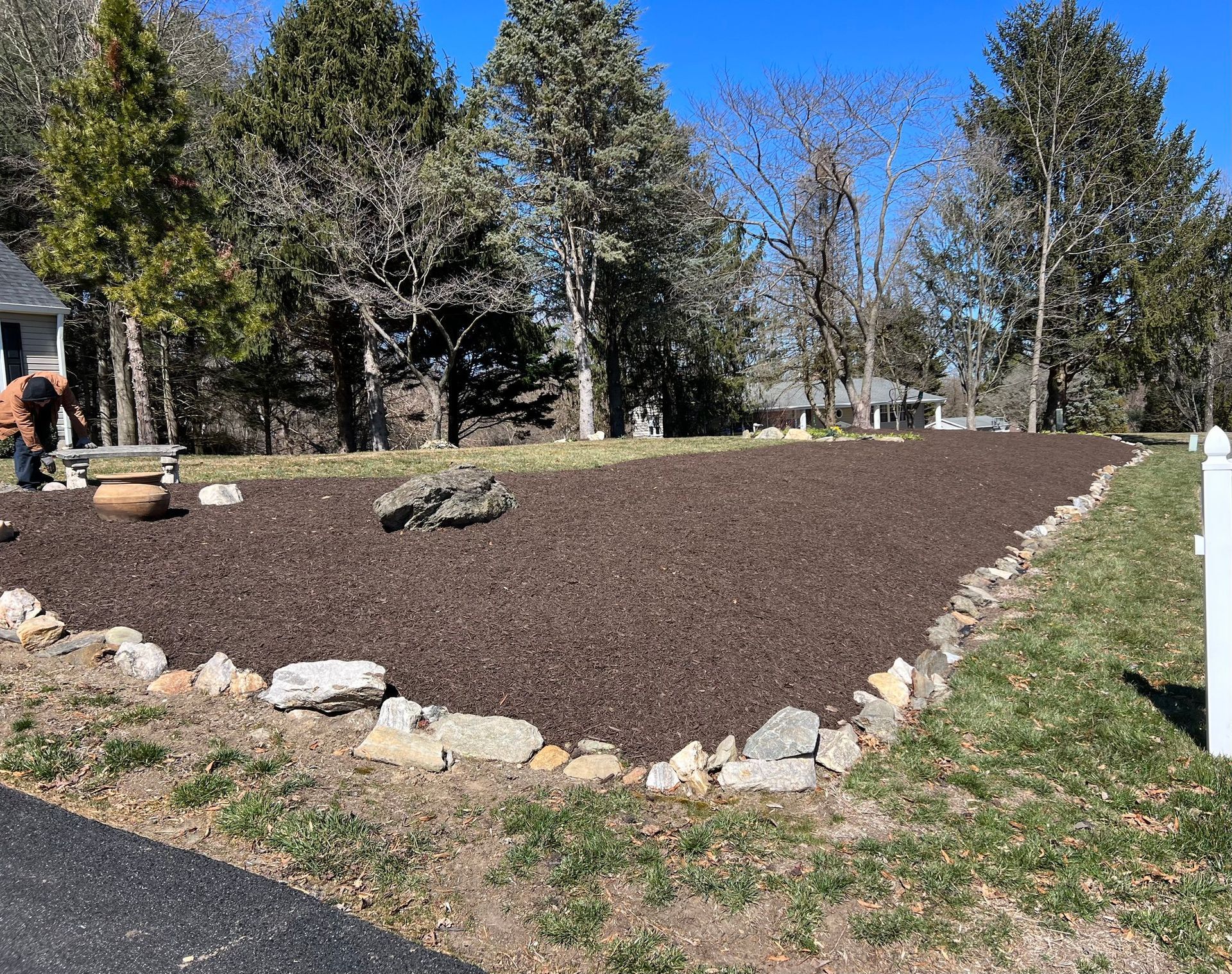 A man is standing in the middle of a lush green field.
