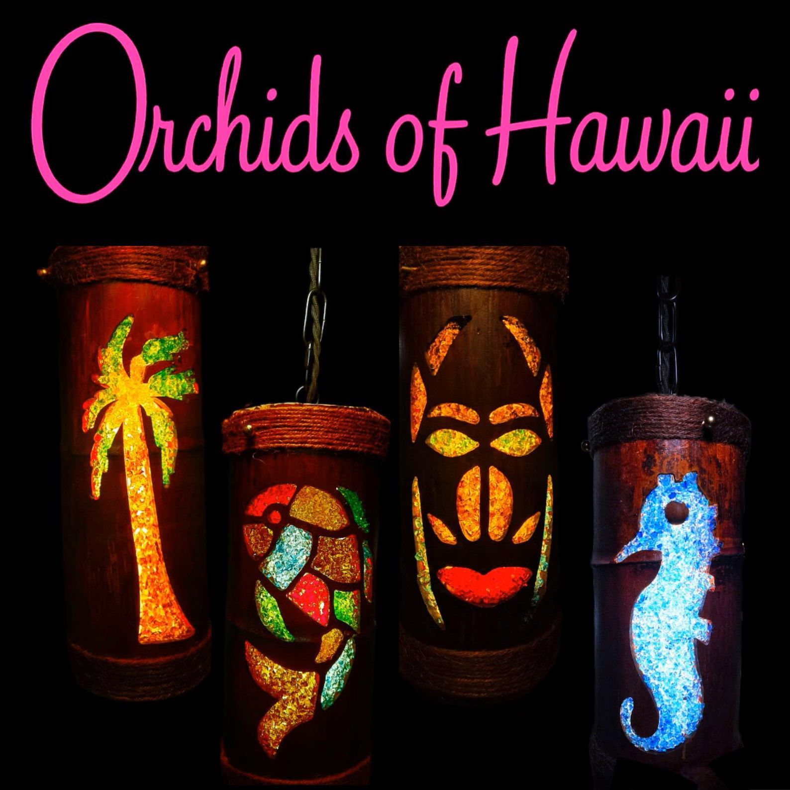 Four cylindrical, lit lamps featuring palm tree, fish, tiki mask, and seahorse designs, with 