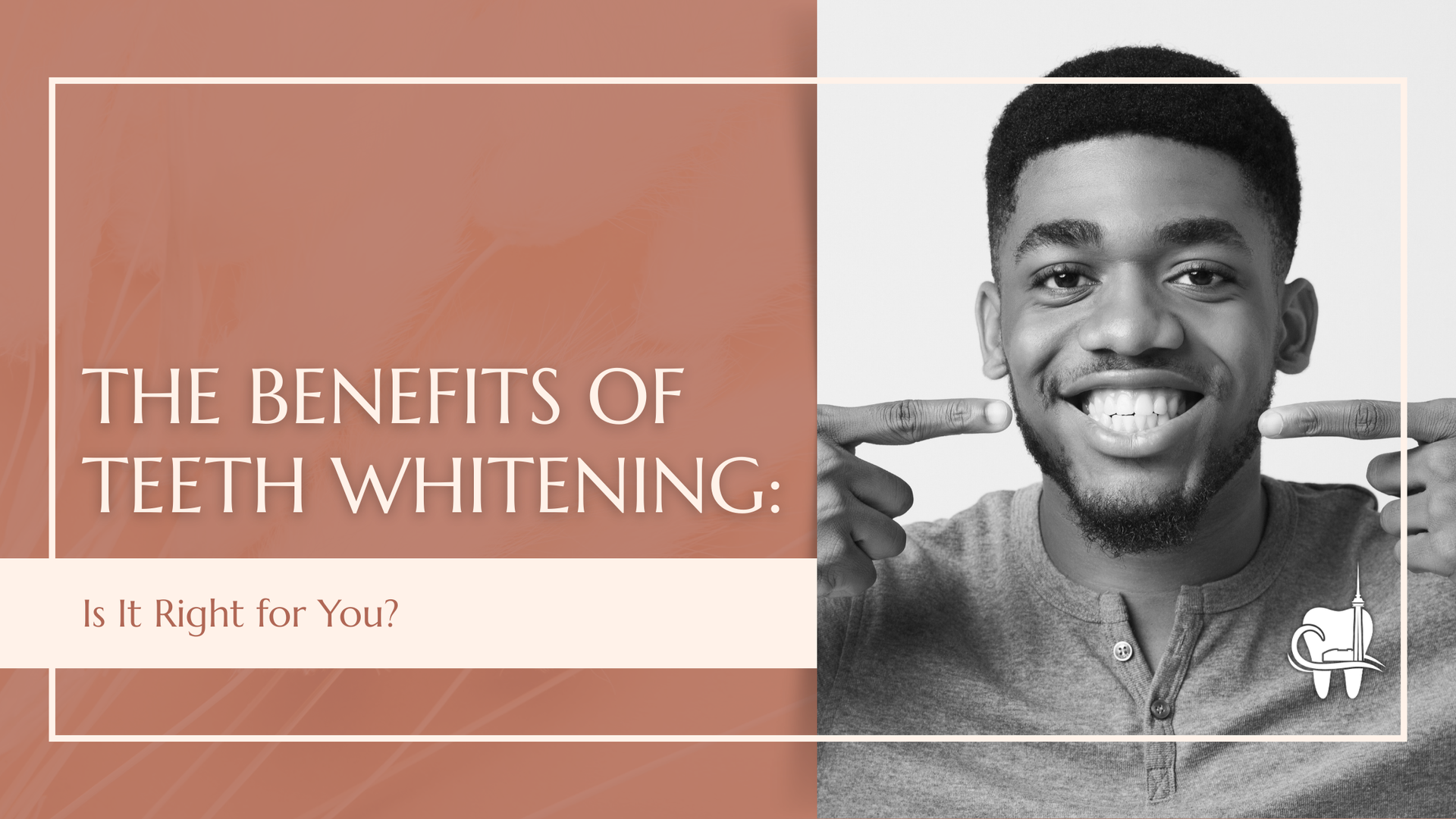Man pointing at his bright, white teeth with text 