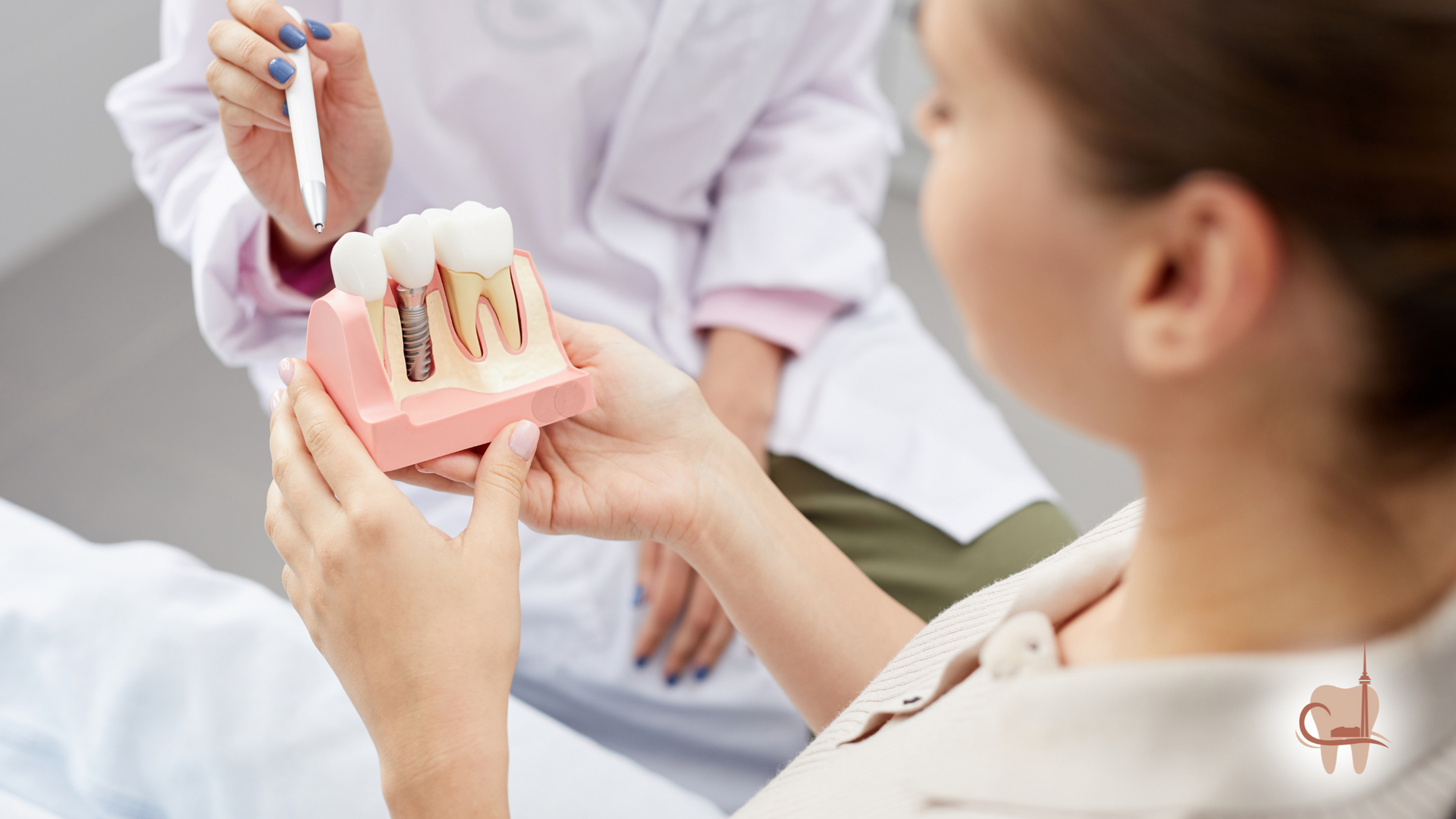 A dentist showing a patient a dental model with exposed roots, explaining treatment.