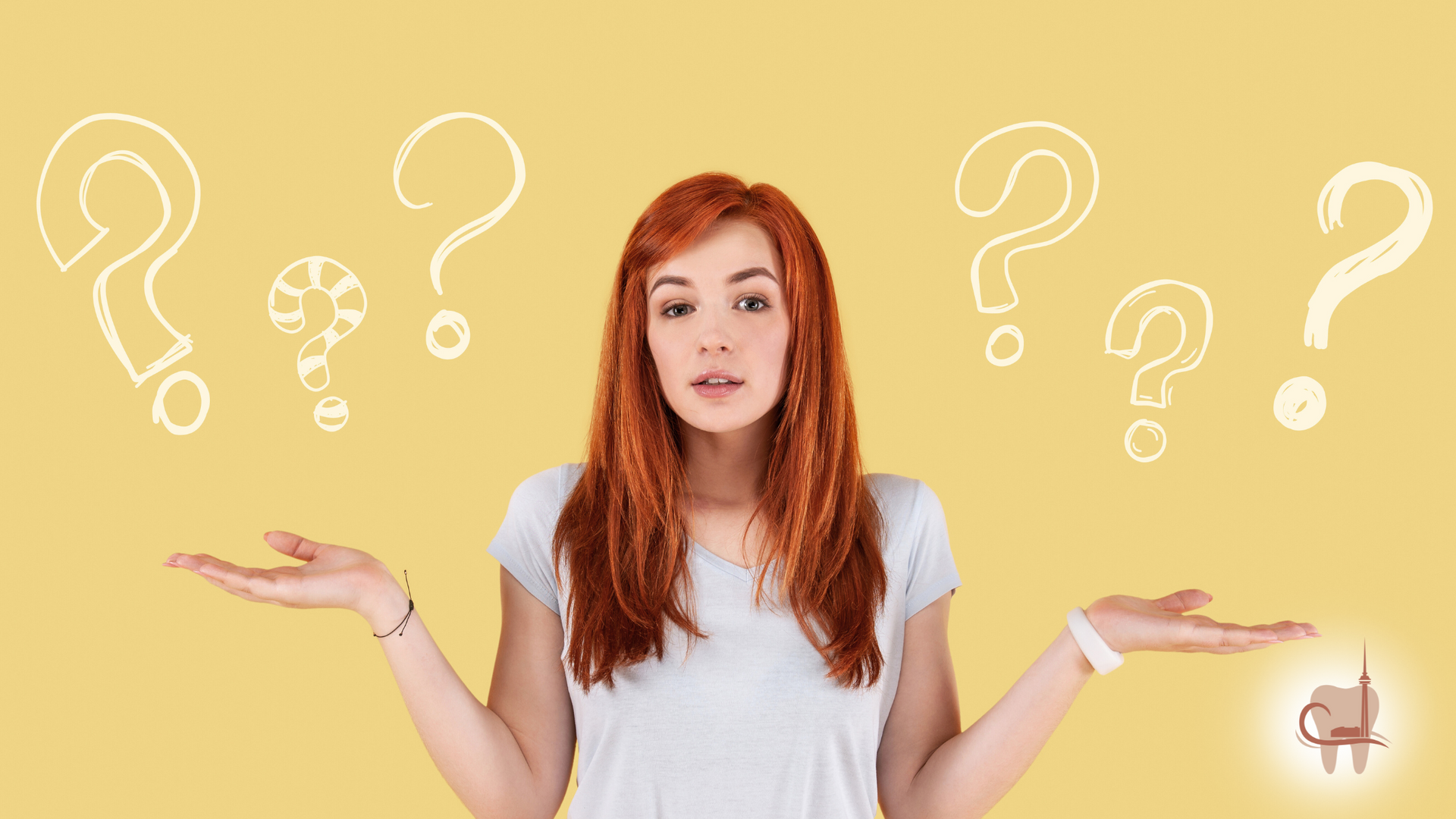 Woman with red hair, arms outstretched, looking confused with question marks over her head.