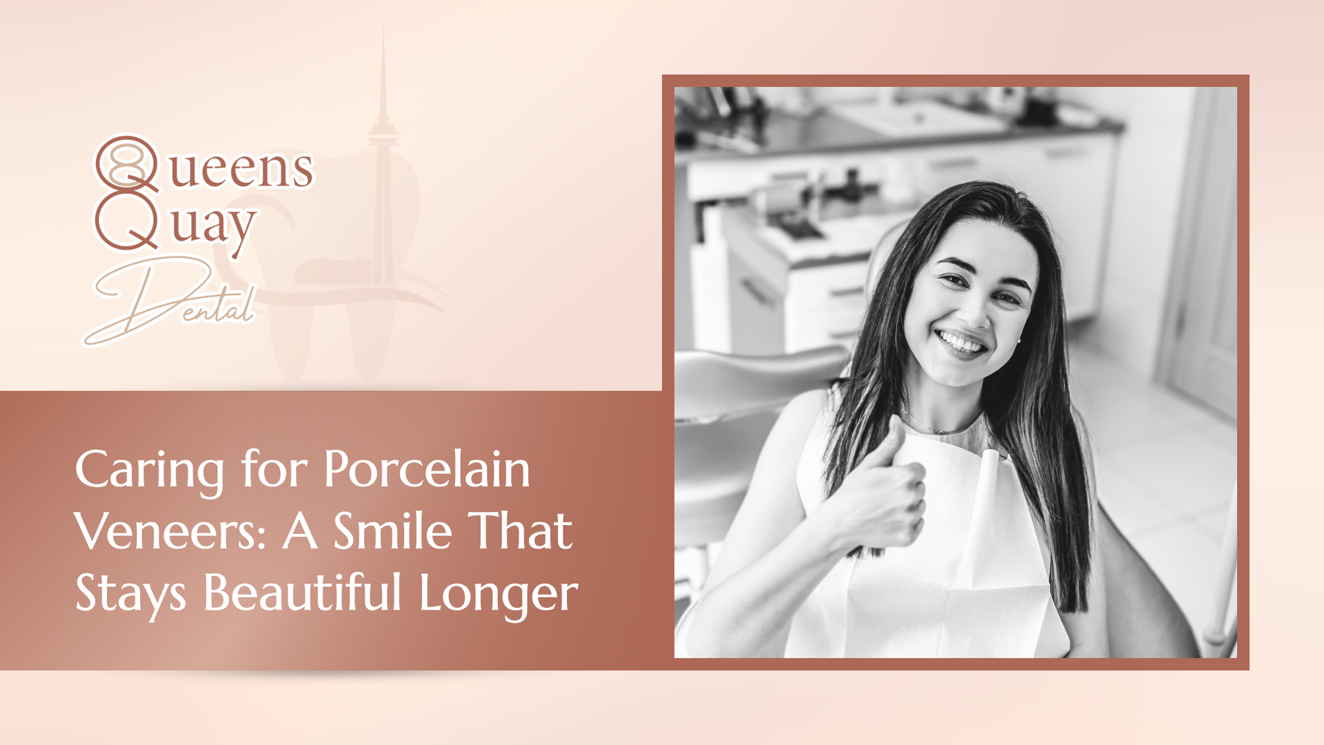Woman with porcelain veneers gives thumbs up. Text: 