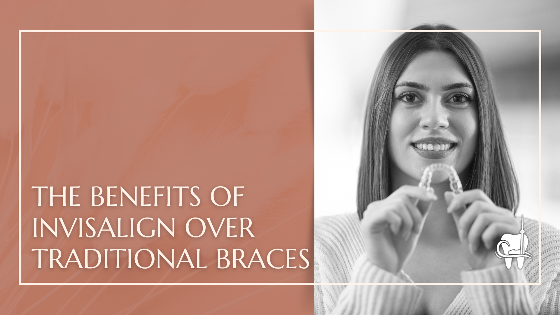 Woman holding Invisalign aligner, peach background with text 