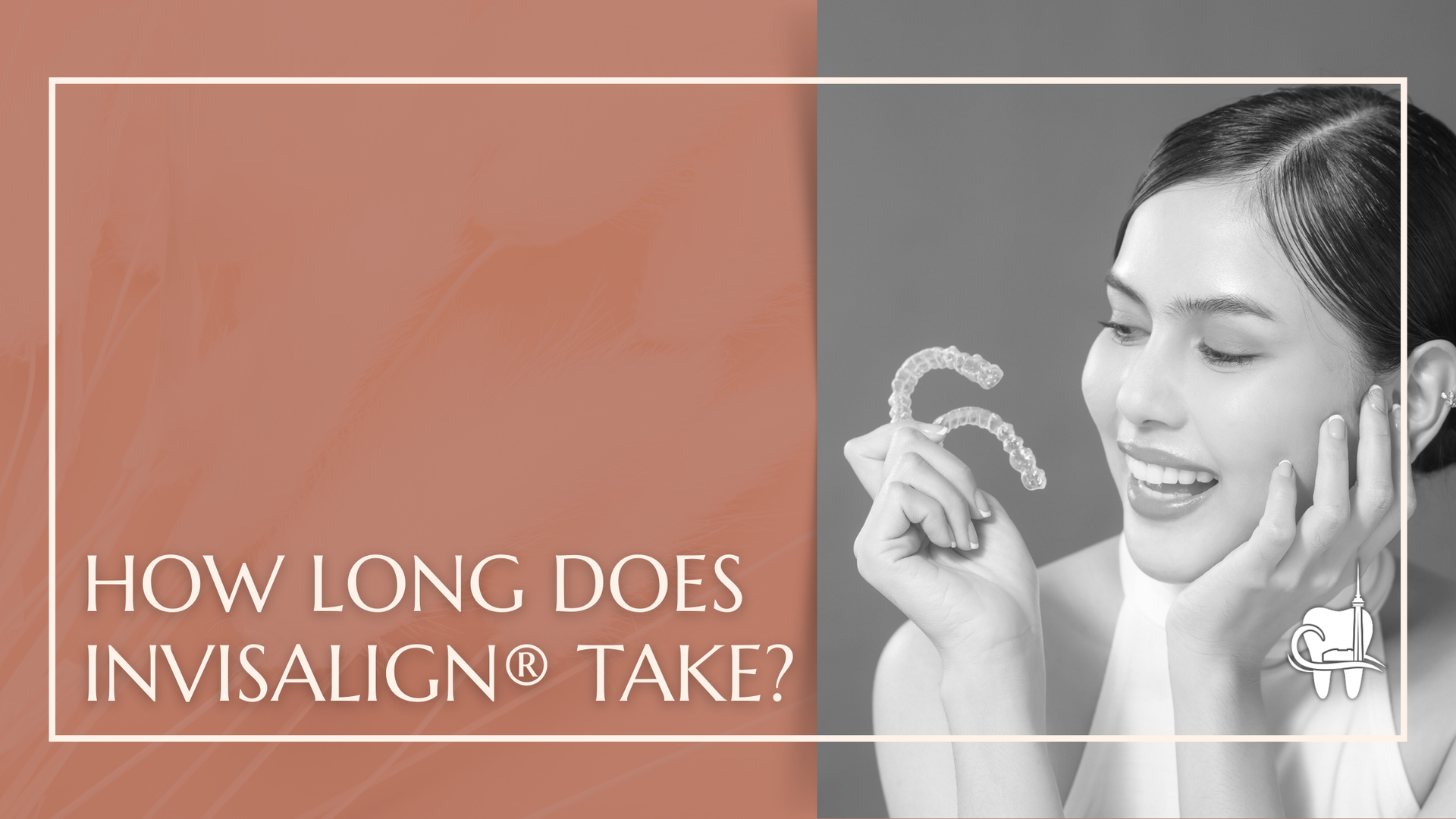 Woman smiling, holding Invisalign aligners. Text reads 