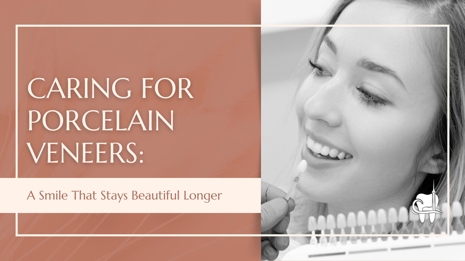 Woman with veneers, smiling during shade matching, text: 