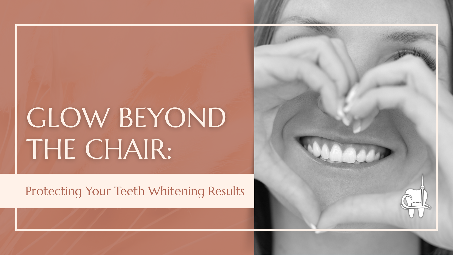 Woman smiling, making heart with hands over her white teeth; text: 