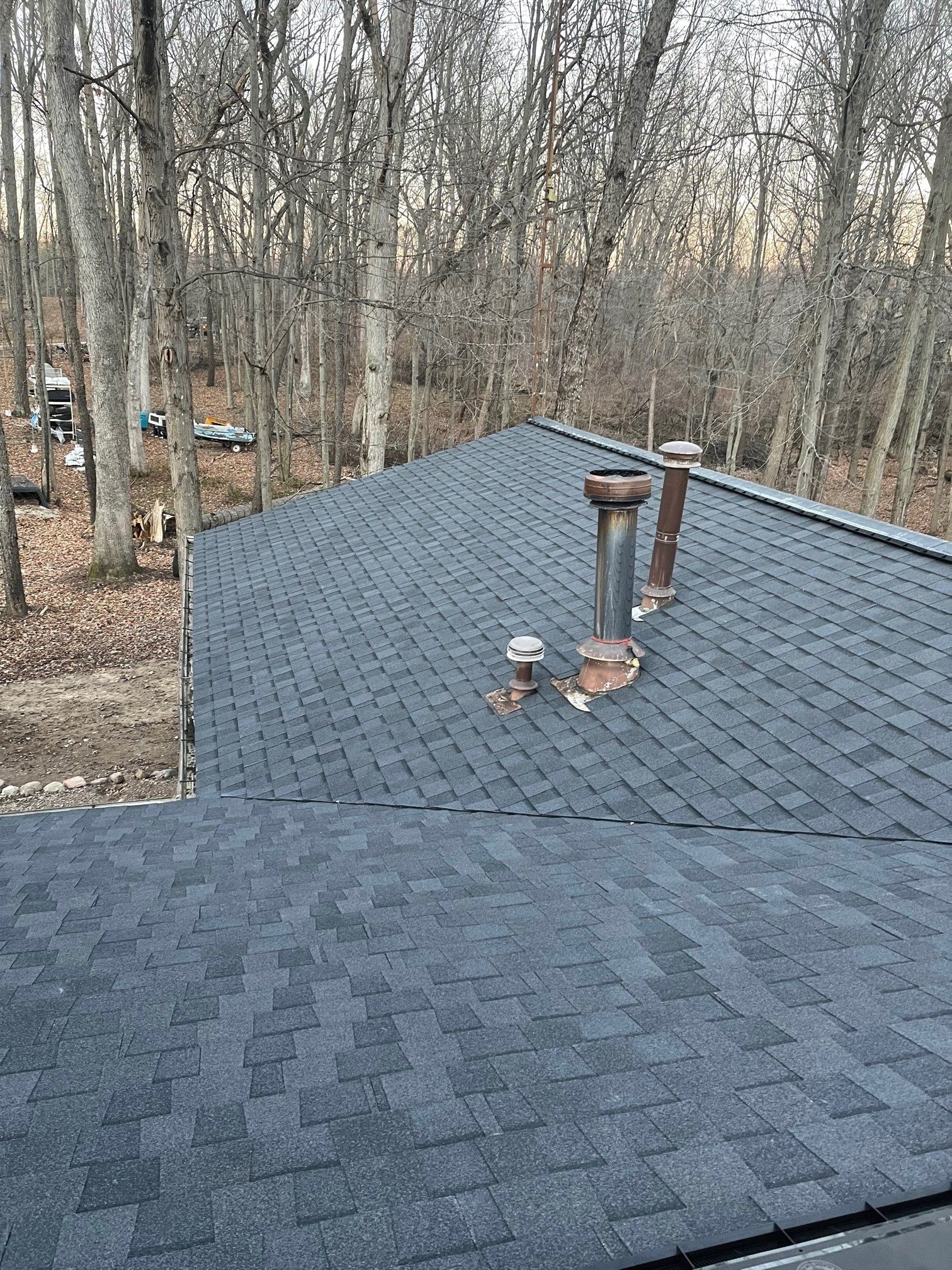 Dark-shingled roof with two chimneys against a backdrop of bare trees.