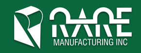RARE Manufacturing Inc. logo with a white geometric shape on the left and white text on a green background.