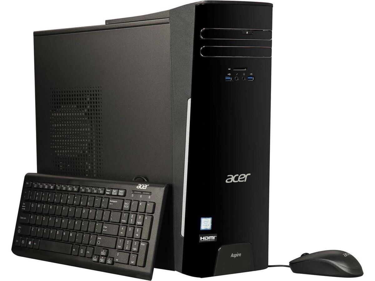 A black acer computer with a keyboard and mouse