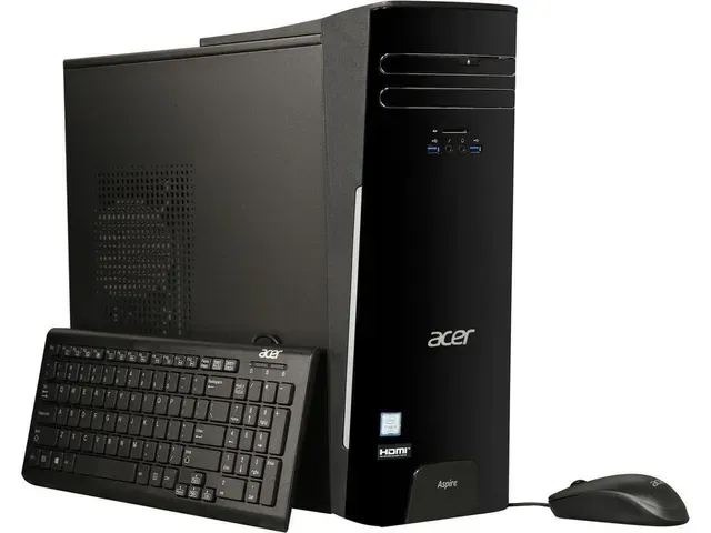 A black acer computer with a keyboard and mouse