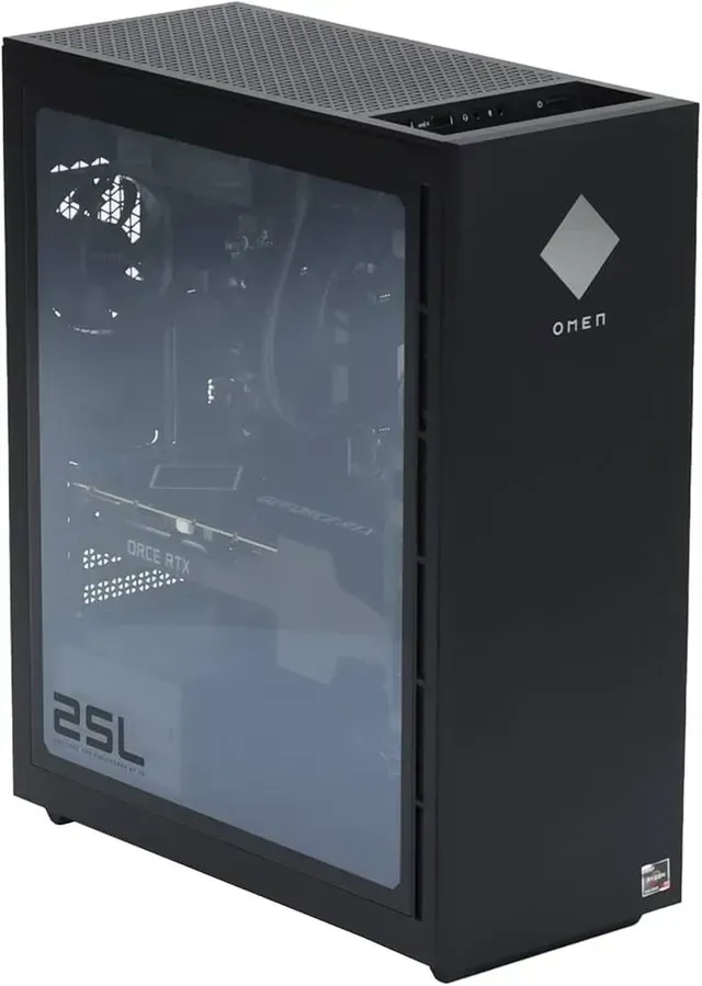 Black OMEN gaming PC with tempered glass side panel, 2SL on lower corner, OMEN logo.