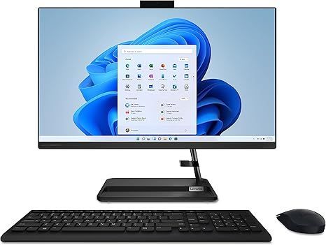 Lenovo all-in-one desktop computer with keyboard and mouse on a white background; running Windows 11.