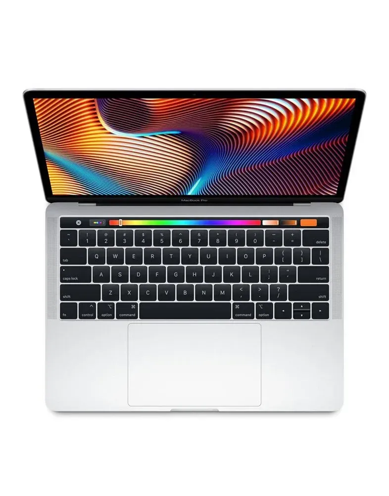 Silver MacBook Pro laptop open on a white surface, with the screen displaying a colorful abstract background.