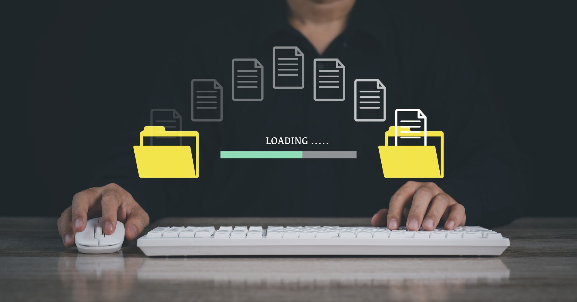 Hands typing on a white keyboard with digital file folders and document icons above it