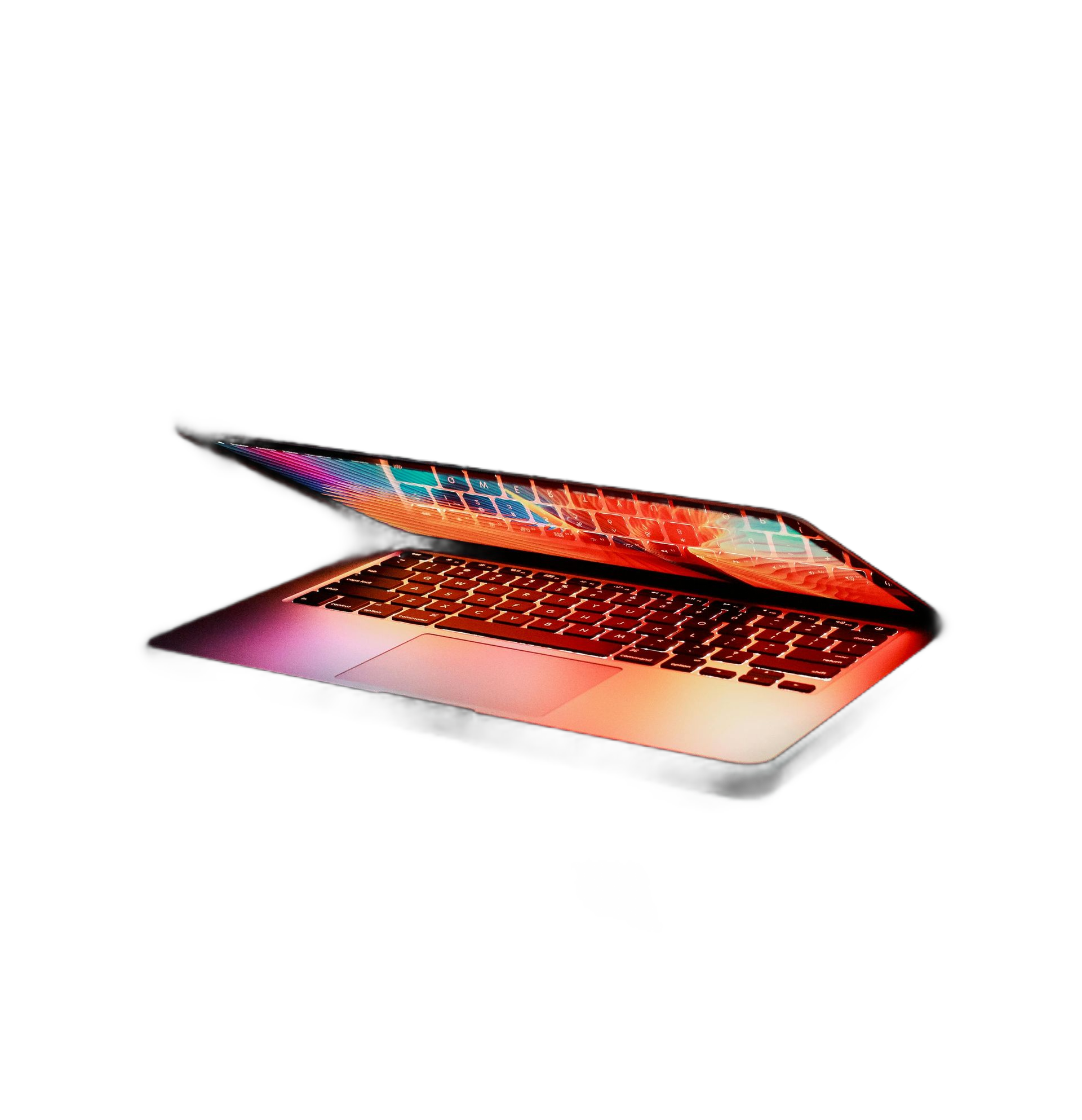 Bärbar dator, öppen, med en färgglad skärm och bakgrundsbelyst tangentbord, vinklad på en vit yta.