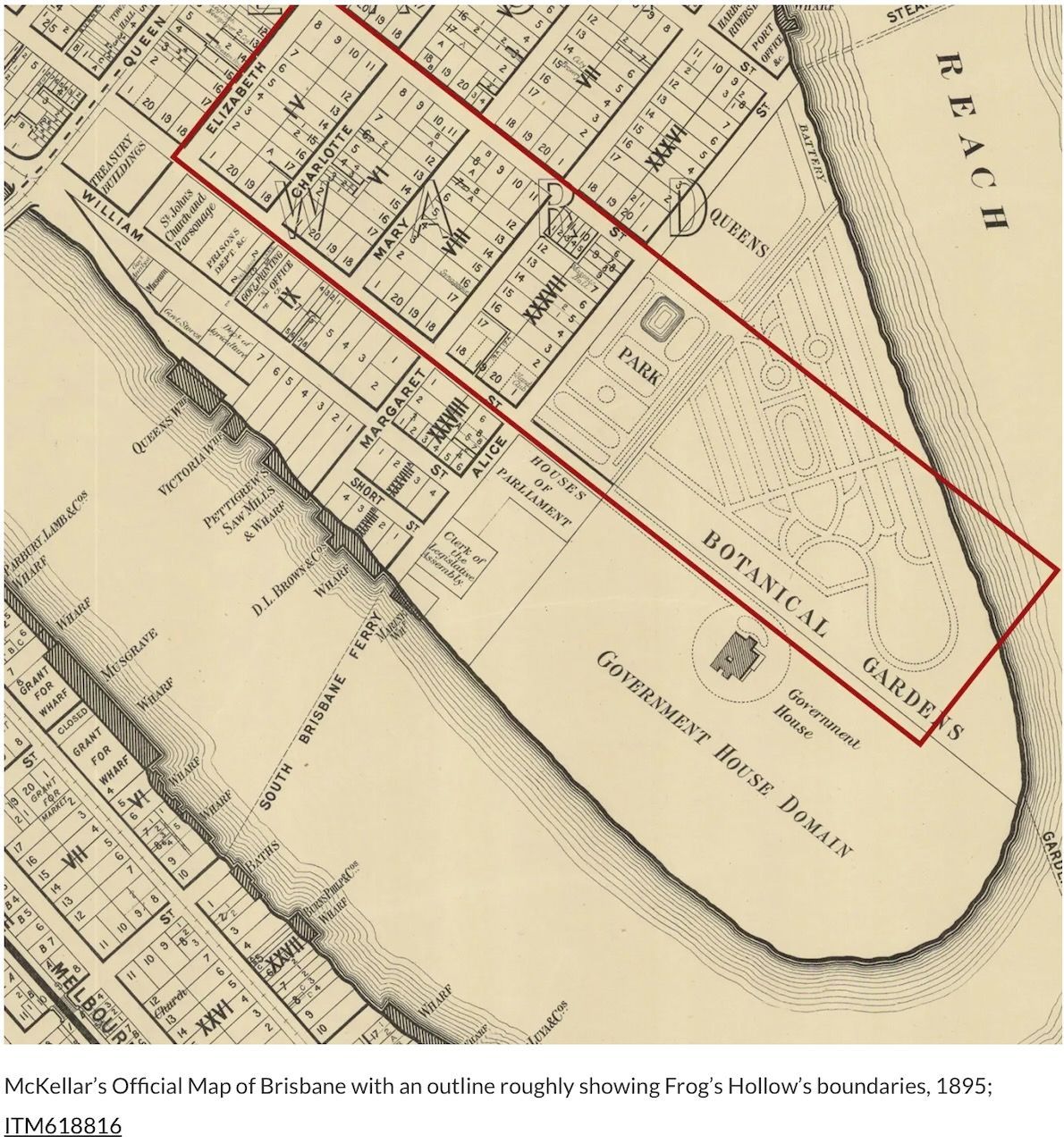 Historical map of part of Brisbane, Australia, showing the Botanical Garden and surrounding streets in 1875.