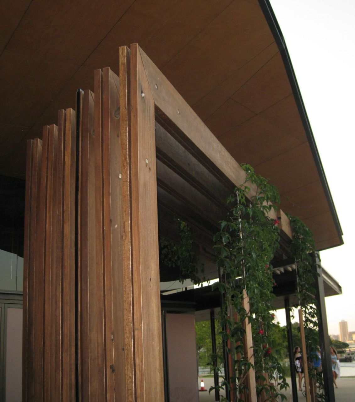 Wooden architectural detail with vertical slats, green vines, and a flat roof.