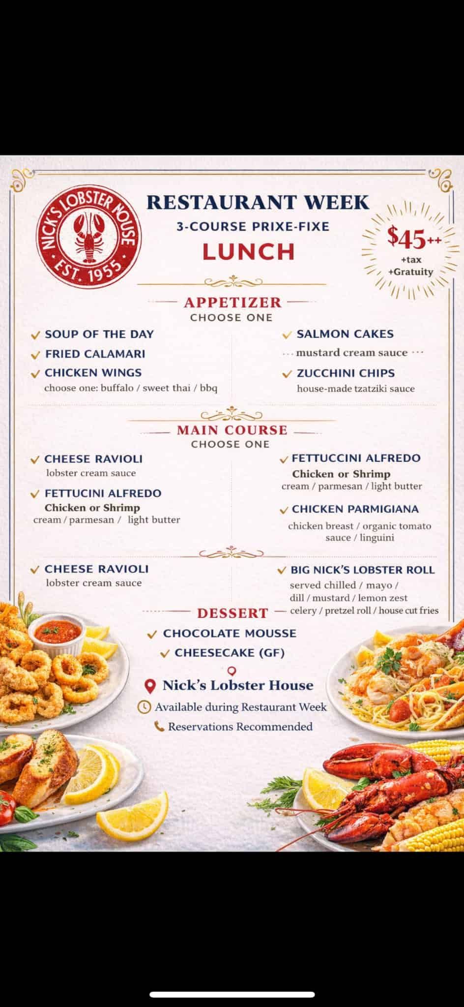 Restaurant Week lunch menu: appetizers, main course, and dessert options from Nick's Lobster House.