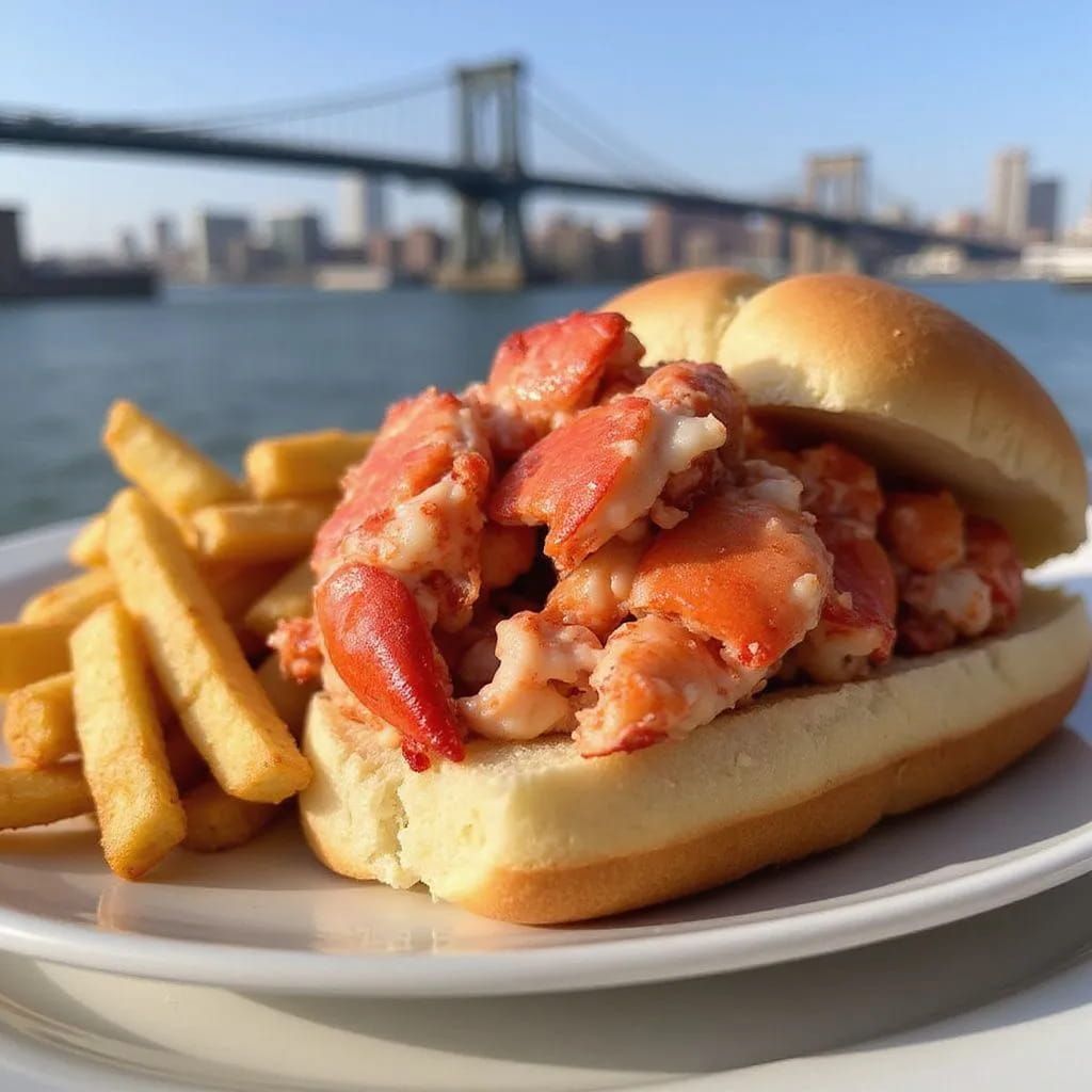 Lobster roll sandwich and french fries on a plate, with a bridge and city skyline in the background.