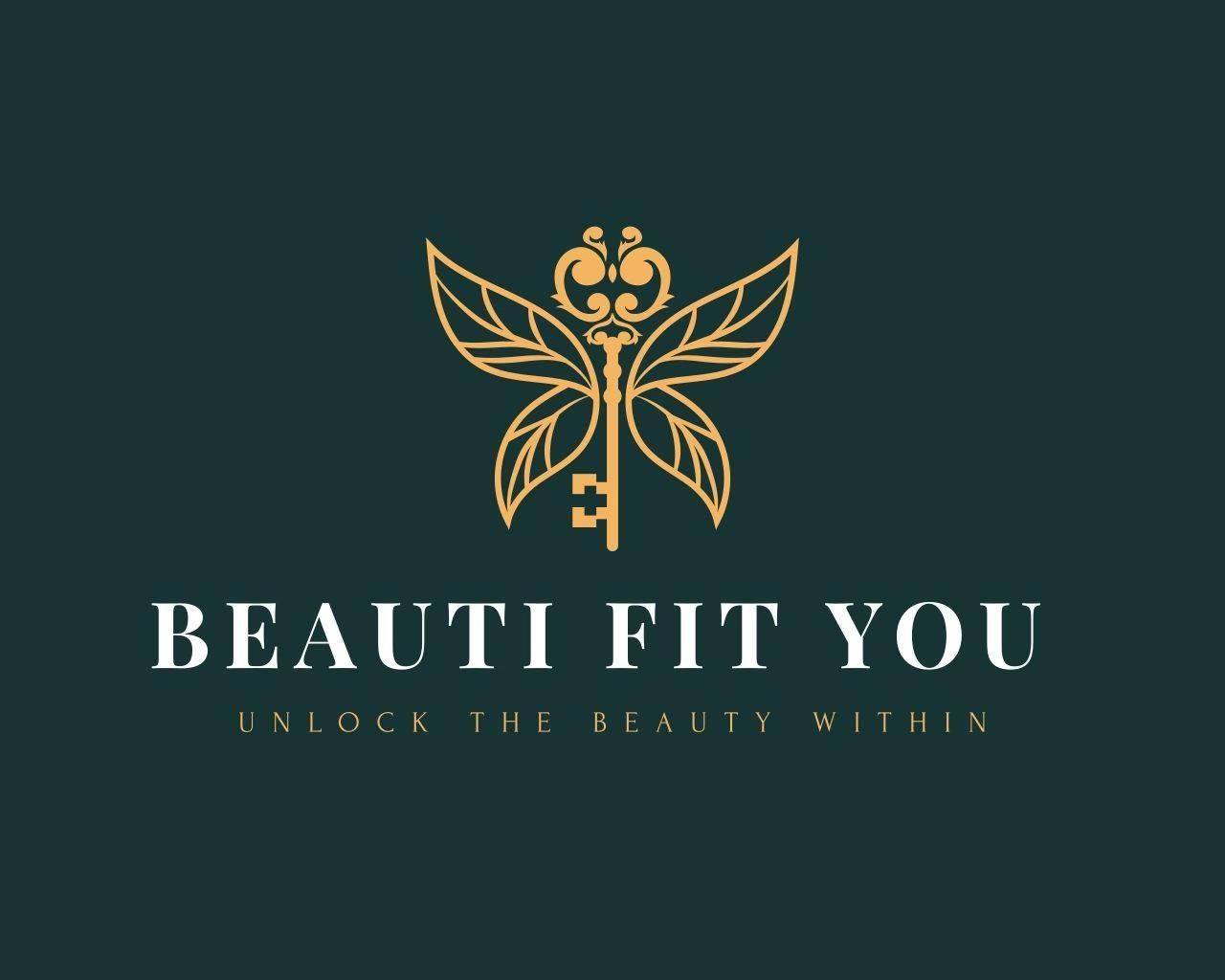 Logo for Beauti Fit You: Gold key with leaf wings on a teal background. Text says