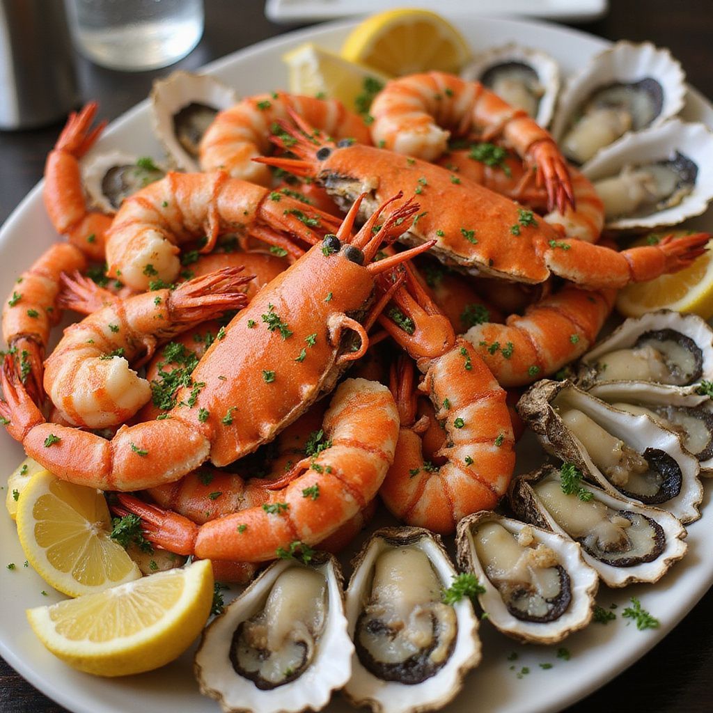 Seafood platter: shrimp, oysters, and lemon wedges arranged on a white plate.