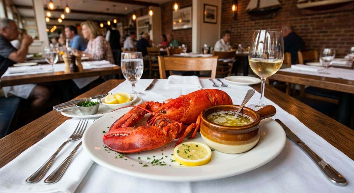 A whole, raw lobster on a plate with ice, bands securing its claws on a blue surface.
